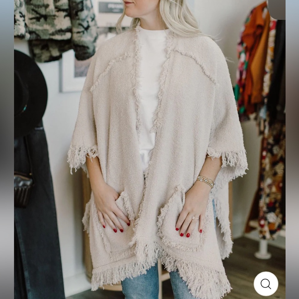 Barefoot Dreams Cozy Chic Fringe Poncho Shawl Beige